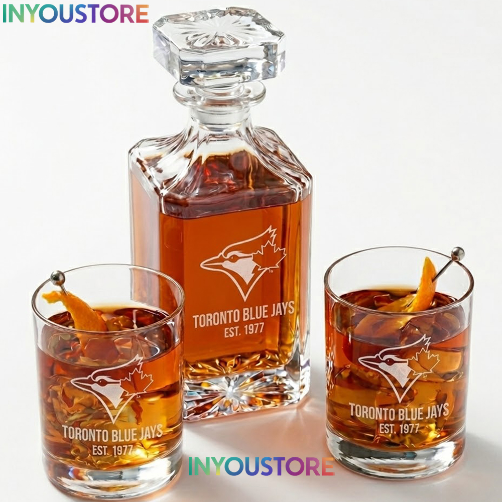 Toronto Blue Jays Custom Decanter Set with 2 Whiskey Glasses Etched Glassware Kit Est. 1977 MLB Fan Gift - Image 3