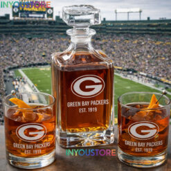 Green Bay Packers Custom Decanter Set with 2 Whiskey Glasses Etched Glassware Kit Est. 1919 NFL Fan Gift