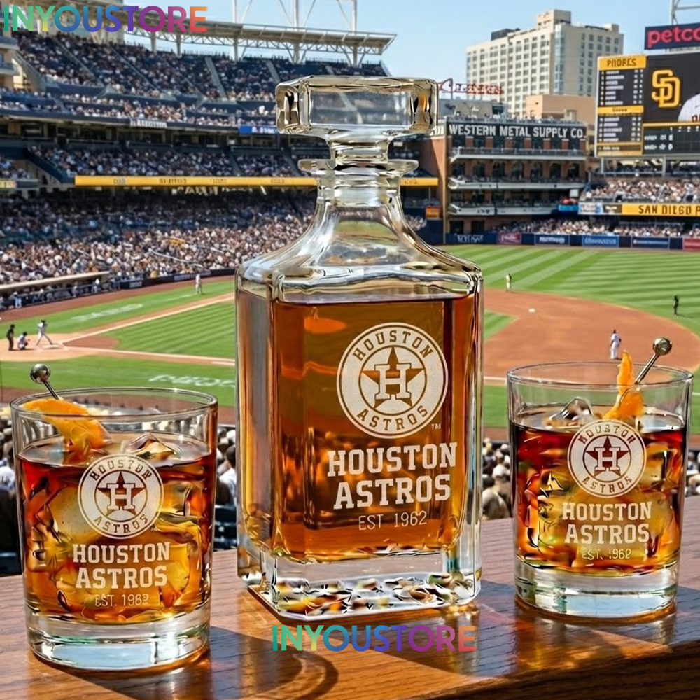 Houston Astros Custom Decanter Set with 2 Whiskey Glasses Etched Glassware Kit Est. 1962 MLB Fan Gift