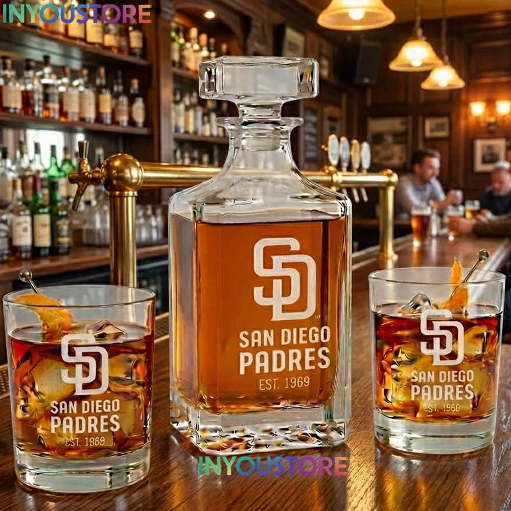 San Diego Padres Custom Decanter Set with 2 Whiskey Glasses Etched Glassware Kit Est. 1969 MLB Fan Gift - Image 3