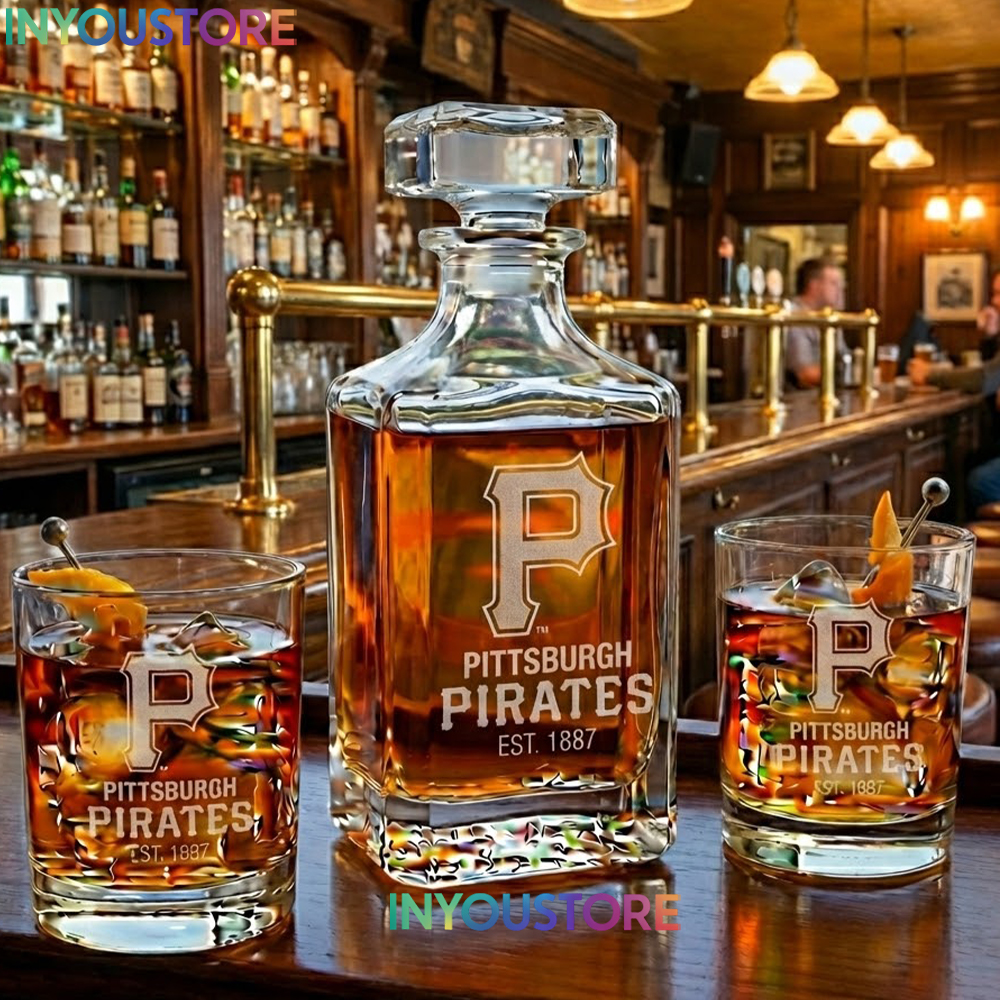 Pittsburgh Pirates Custom Decanter Set with 2 Whiskey Glasses Etched Glassware Kit Est. 1887 MLB Fan Gift - Image 3