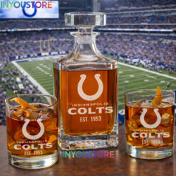 Indianapolis Colts Custom Decanter Set with 2 Whiskey Glasses Etched Glassware Kit Est. 1953 NFL Fan Gift Ver 2