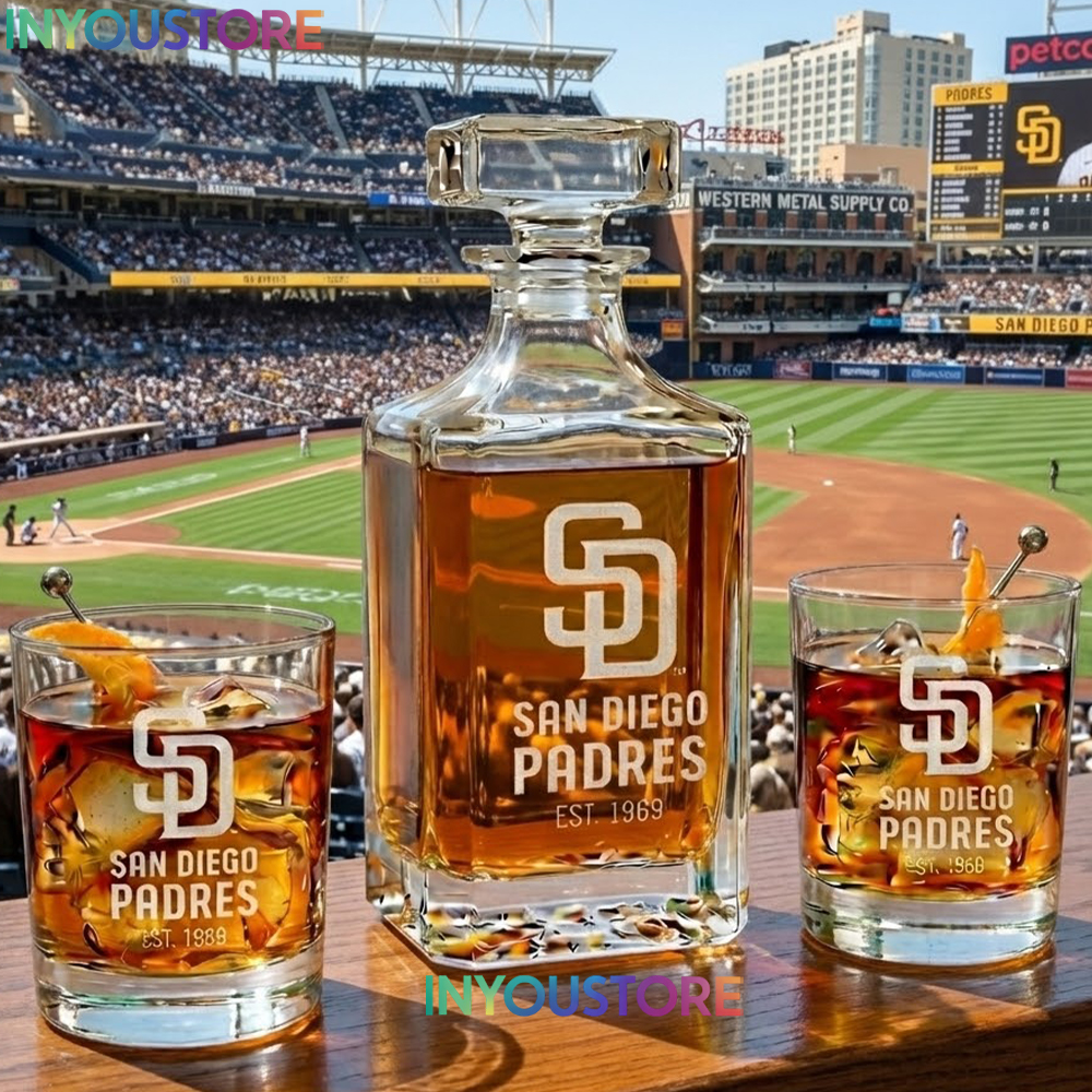 San Diego Padres Custom Decanter Set with 2 Whiskey Glasses Etched Glassware Kit Est. 1969 MLB Fan Gift
