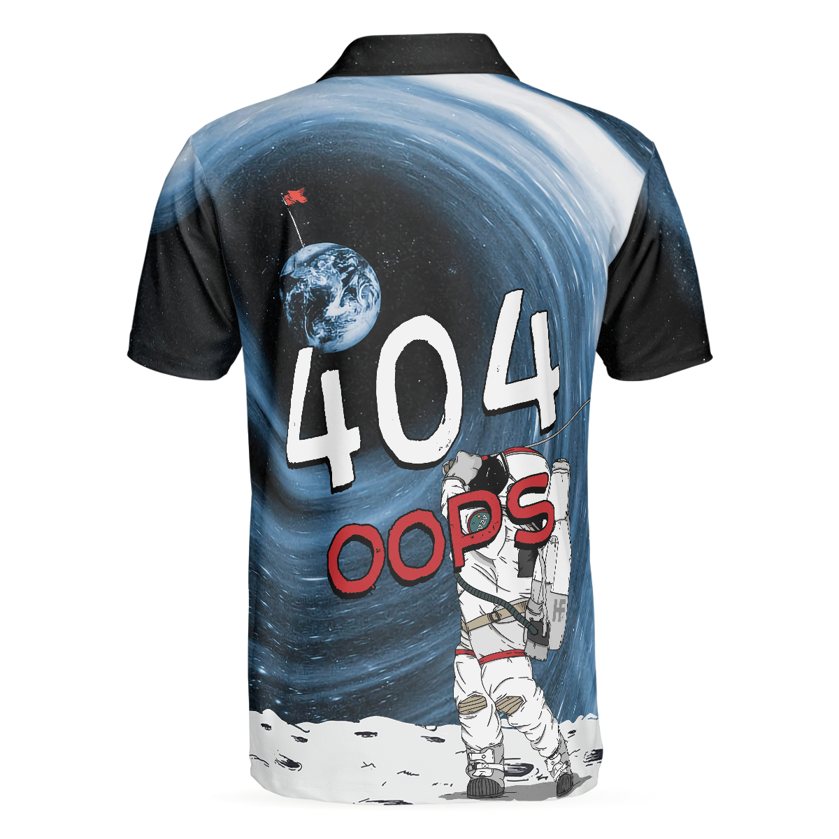 Alternative view of Astronaut Golfing Outer Space Black Golf Polo Shirt, Hole 404 Oops Polo Shirt, Best Golf Shirt For Men
