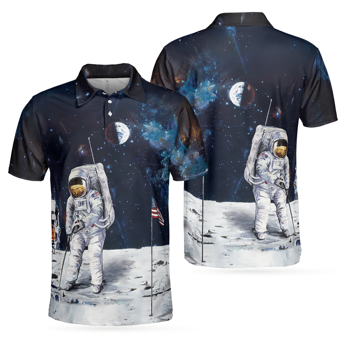 Astronaut Moon Golf Short Sleeve Polo Shirt For Golf, American Flag Polo Shirt, Best Golf Shirt For Men