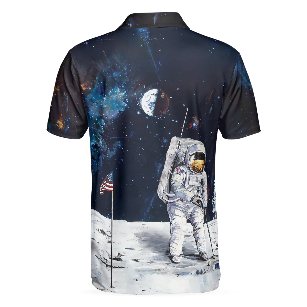 Alternative view of Astronaut Moon Golf Short Sleeve Polo Shirt For Golf, American Flag Polo Shirt, Best Golf Shirt For Men