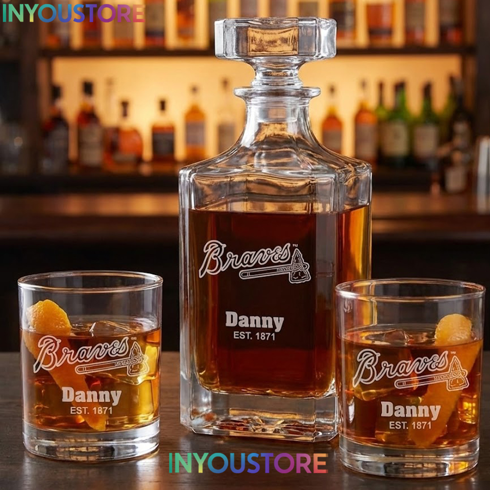 Atlanta Braves Custom Decanter Gift Set with 2 Whiskey Glasses Etched Glassware Kit Est. 1871 MLB Fan Gift - Image 4