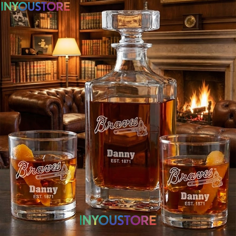 Atlanta Braves Custom Decanter Gift Set with 2 Whiskey Glasses Etched Glassware Kit Est. 1871 MLB Fan Gift - Image 3