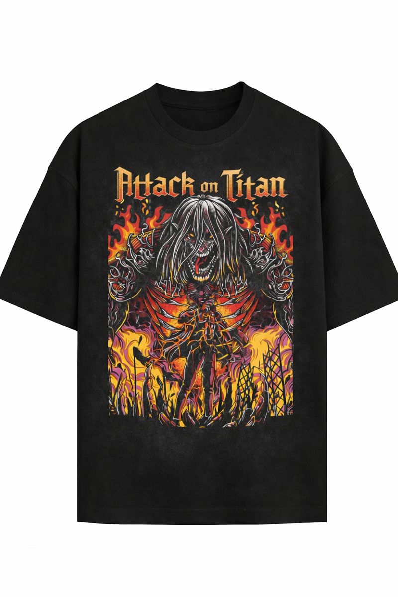 Attack on Titan Anime Vintage Washed T-Shirt, Eren Yeager Founding Titan Fire Graphic Tee