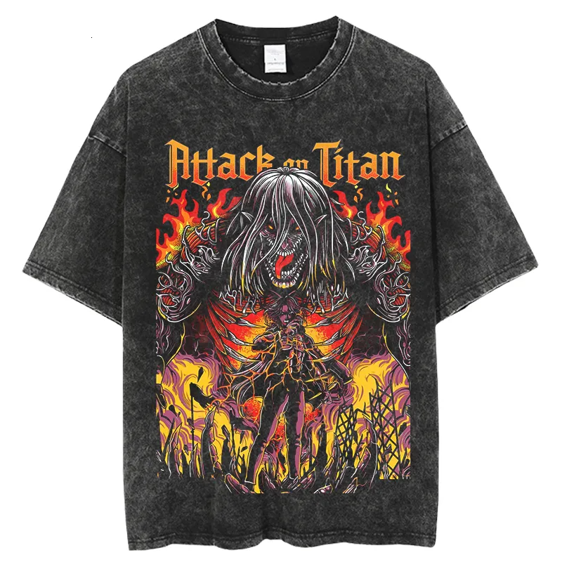 Attack on Titan Anime Vintage Washed T-Shirt, Eren Yeager Founding Titan Fire Graphic Tee - Image 3