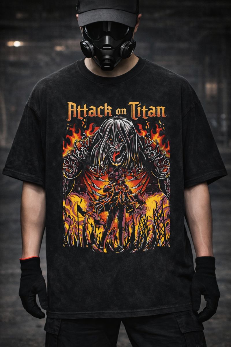 Alternative view of Attack on Titan Anime Vintage Washed T-Shirt, Eren Yeager Founding Titan Fire Graphic Tee