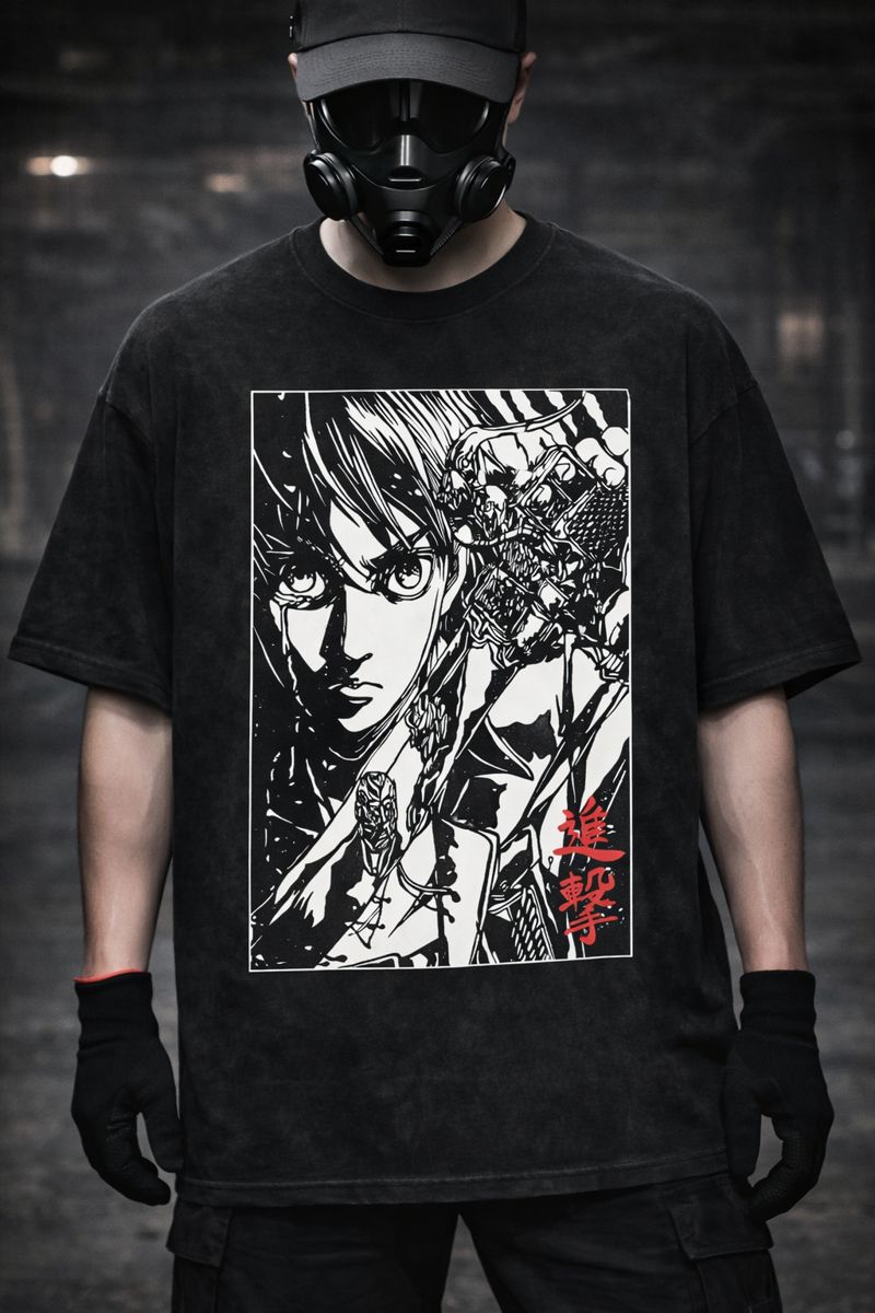 Alternative view of Attack on Titan Anime Vintage Washed T-Shirt, Eren Yeager Manga Panel Black & White Graphic Tee