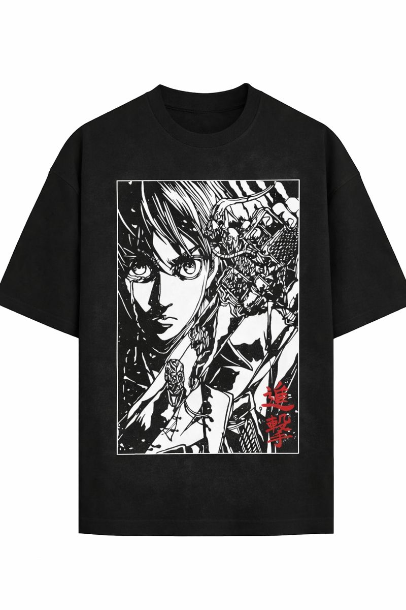 Attack on Titan Anime Vintage Washed T-Shirt, Eren Yeager Manga Panel Black & White Graphic Tee