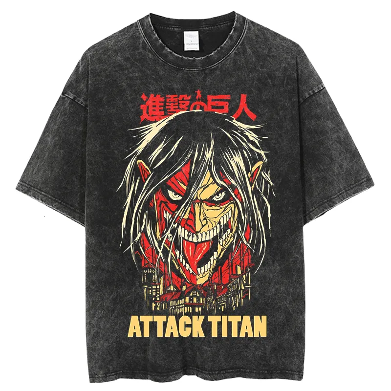 Alternative view of Attack on Titan Anime Vintage Washed T-Shirt, Eren Yeager Titan Face Dark Manga Graphic Tee
