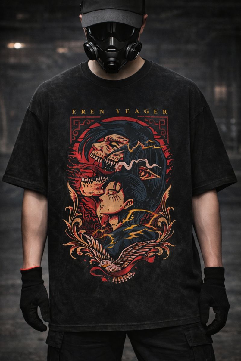 Alternative view of Attack on Titan Anime Vintage Washed T-Shirt, Eren Yeager Titan Transformation Dark Fantasy Graphic Tee