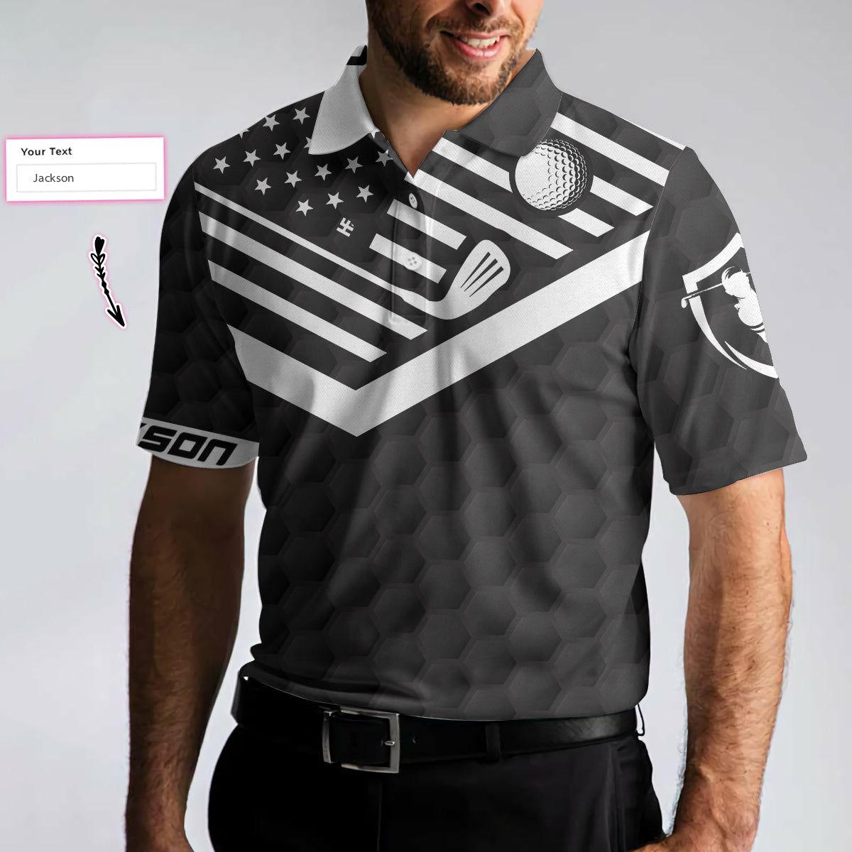 Alternative view of Back Nines Matter Custom Polo Shirt, Black Theme American Flag Polo Shirt, Best Personalized Golf Shirt For Men