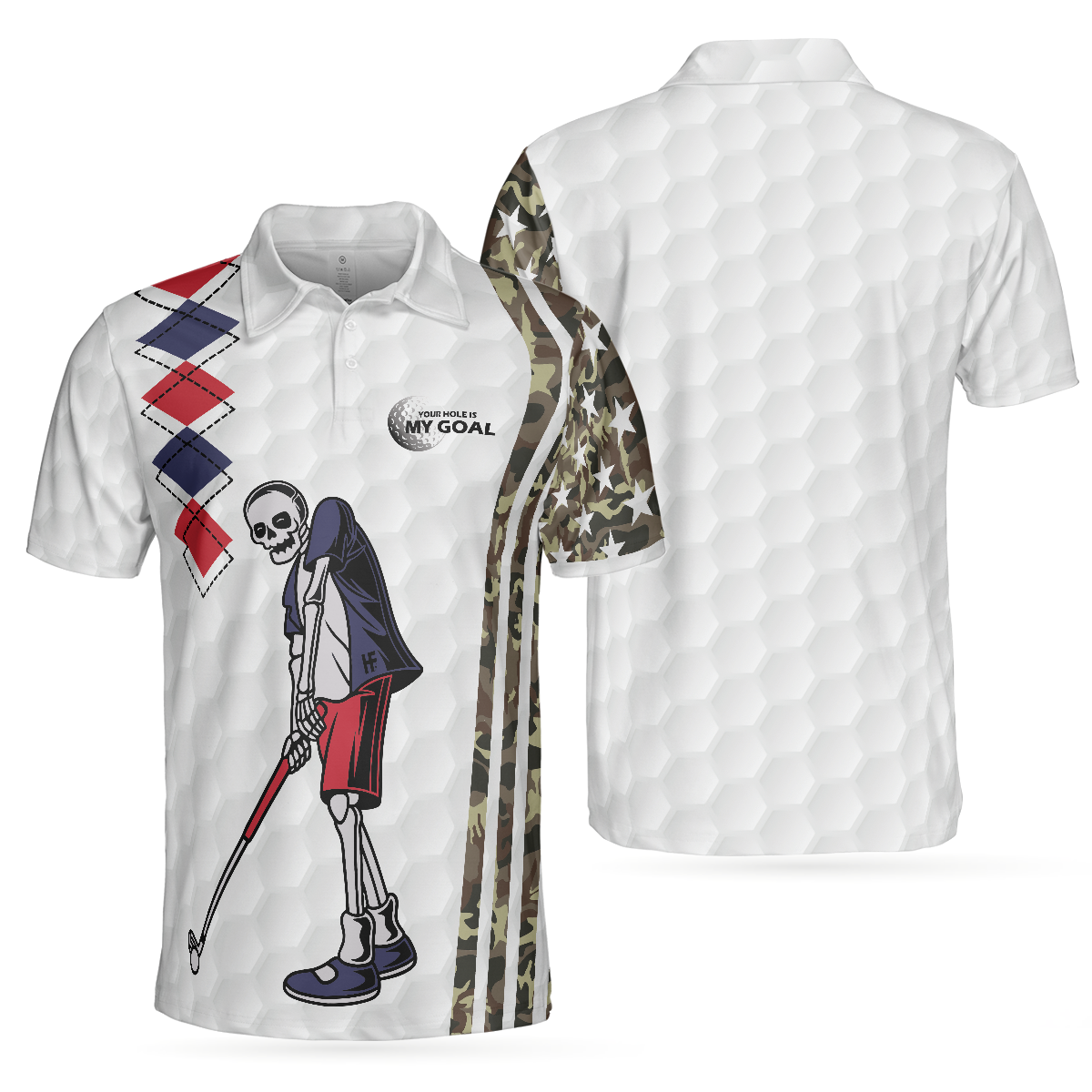 Be Skull And Goal Camouflage Polo Shirt, Your Hole Is My Goal Stripes Pattern Shirt, Camo Golf Shirt For Men