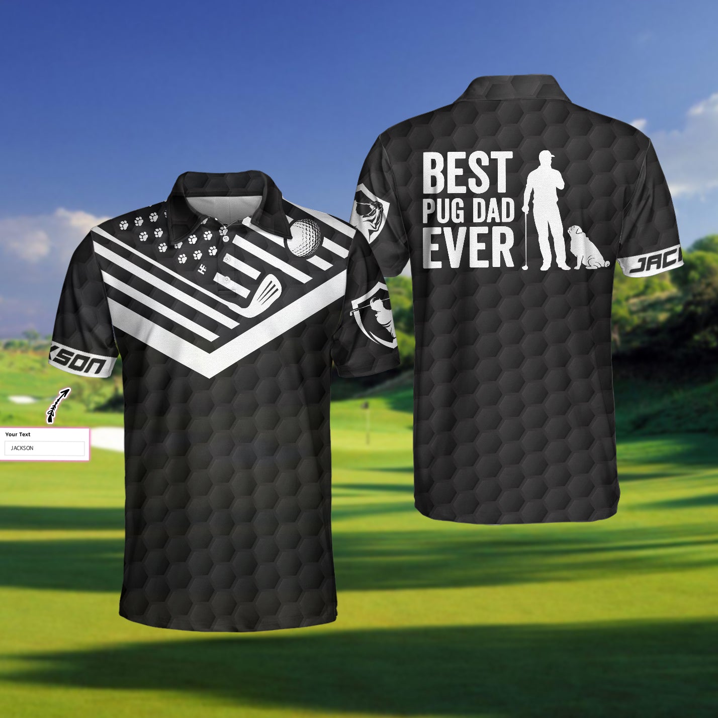 Best Pug Dad Ever Golfer Custom Polo Shirt, Personalized Black American Flag Golf Shirt For Men, Golf Shirt For Pug Lovers