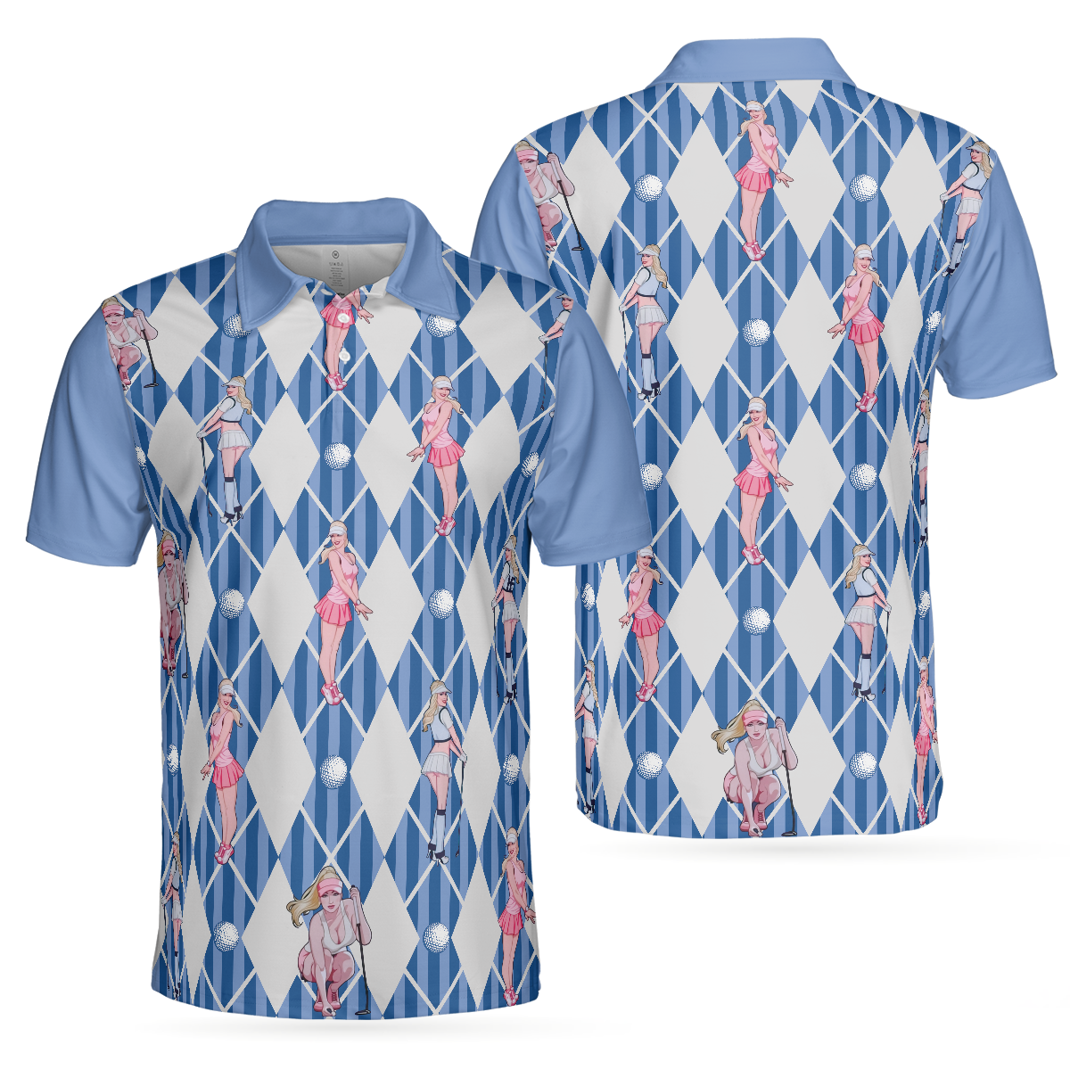 Blue Hot Golf Short Sleeve Polo Shirt, Argyle Pattern Fun Golf Shirt For Men