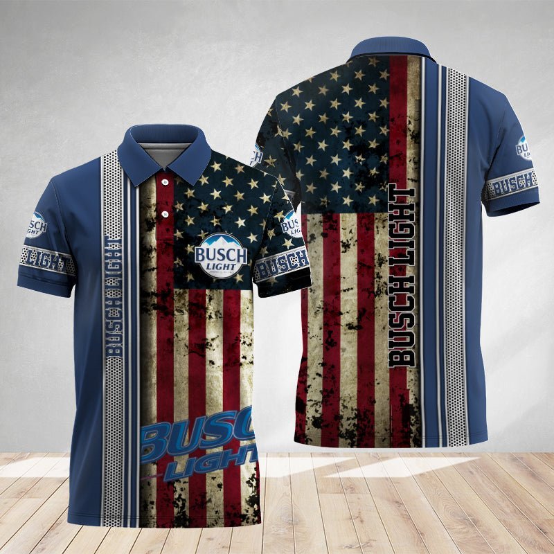 Busch Light Stainless Steel American Flag Polo Shirt