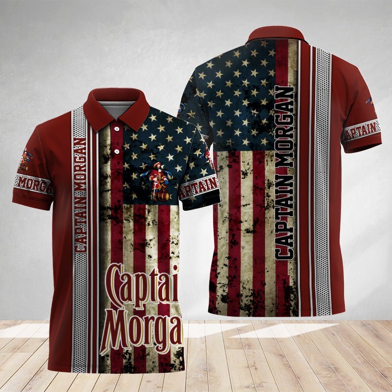 Captain Morgan Stainless Steel American Flag Polo Shirt