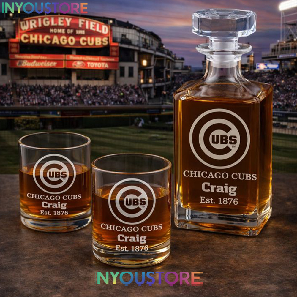 Chicago Cubs Custom Decanter Gift Set with 2 Whiskey Glasses Logo Glassware Kit Est. 1876 MLB Fan Gift - Image 3