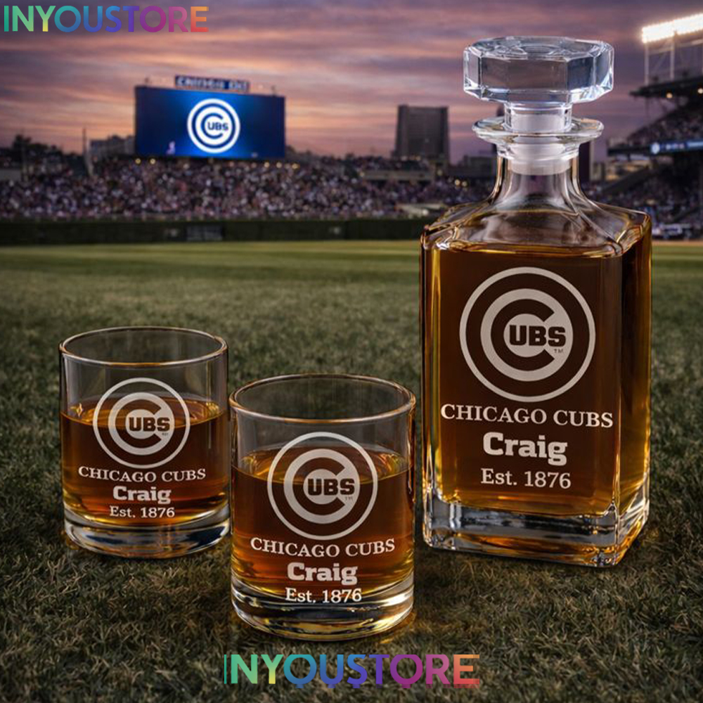 Chicago Cubs Custom Decanter Gift Set with 2 Whiskey Glasses Logo Glassware Kit Est. 1876 MLB Fan Gift