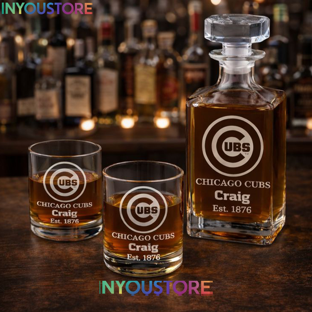 Chicago Cubs Custom Decanter Gift Set with 2 Whiskey Glasses Logo Glassware Kit Est. 1876 MLB Fan Gift - Image 4