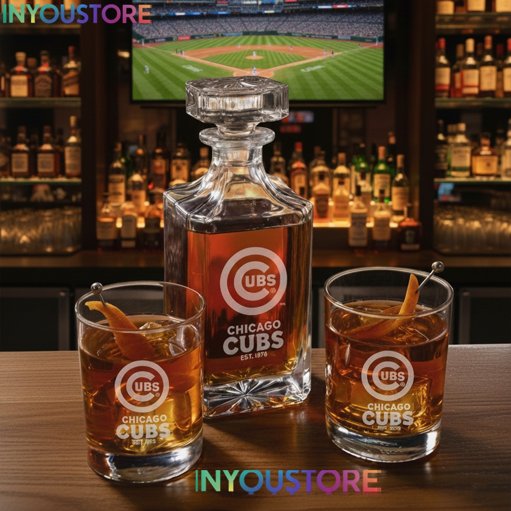 Chicago Cubs Custom Decanter Set Gift with 2 Whiskey Glasses Logo Glassware Kit Est. 1876 MLB Fan Gift - Image 3