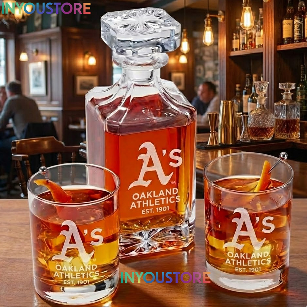 Oakland Athletics Custom Decanter Set with 2 Whiskey Glasses Etched Glassware Kit Est. 1901 MLB Fan Gift - Image 3
