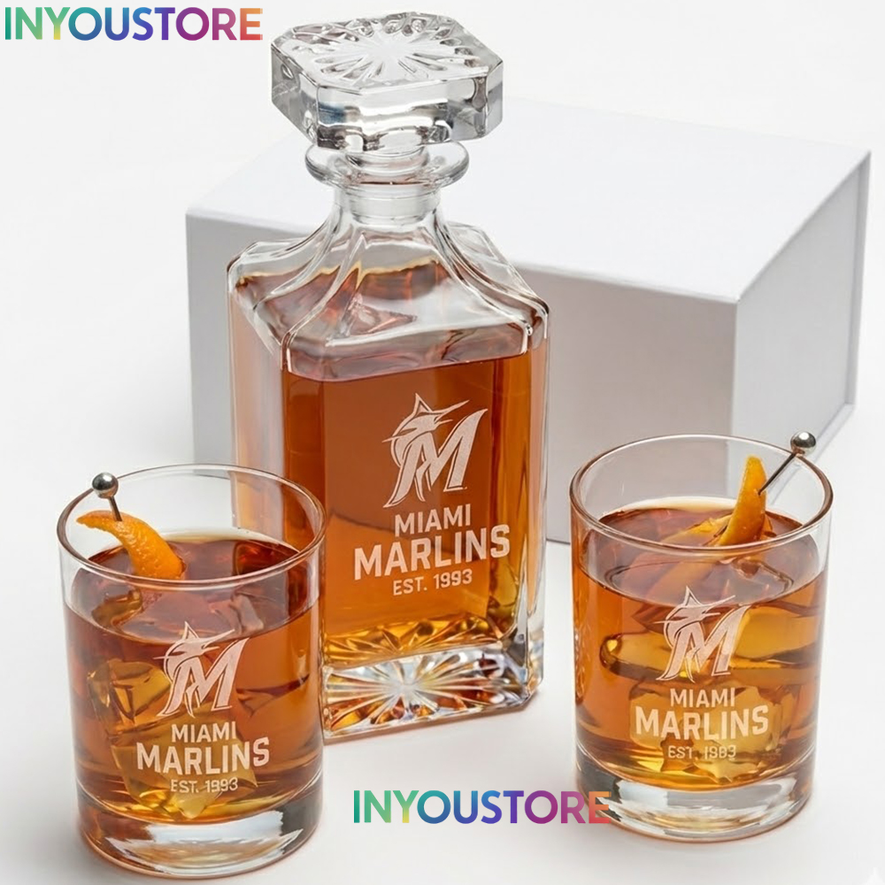 Miami Marlins Custom Decanter Set with 2 Whiskey Glasses Etched Glassware Kit Est. 1993 MLB Fan Gift - Image 4