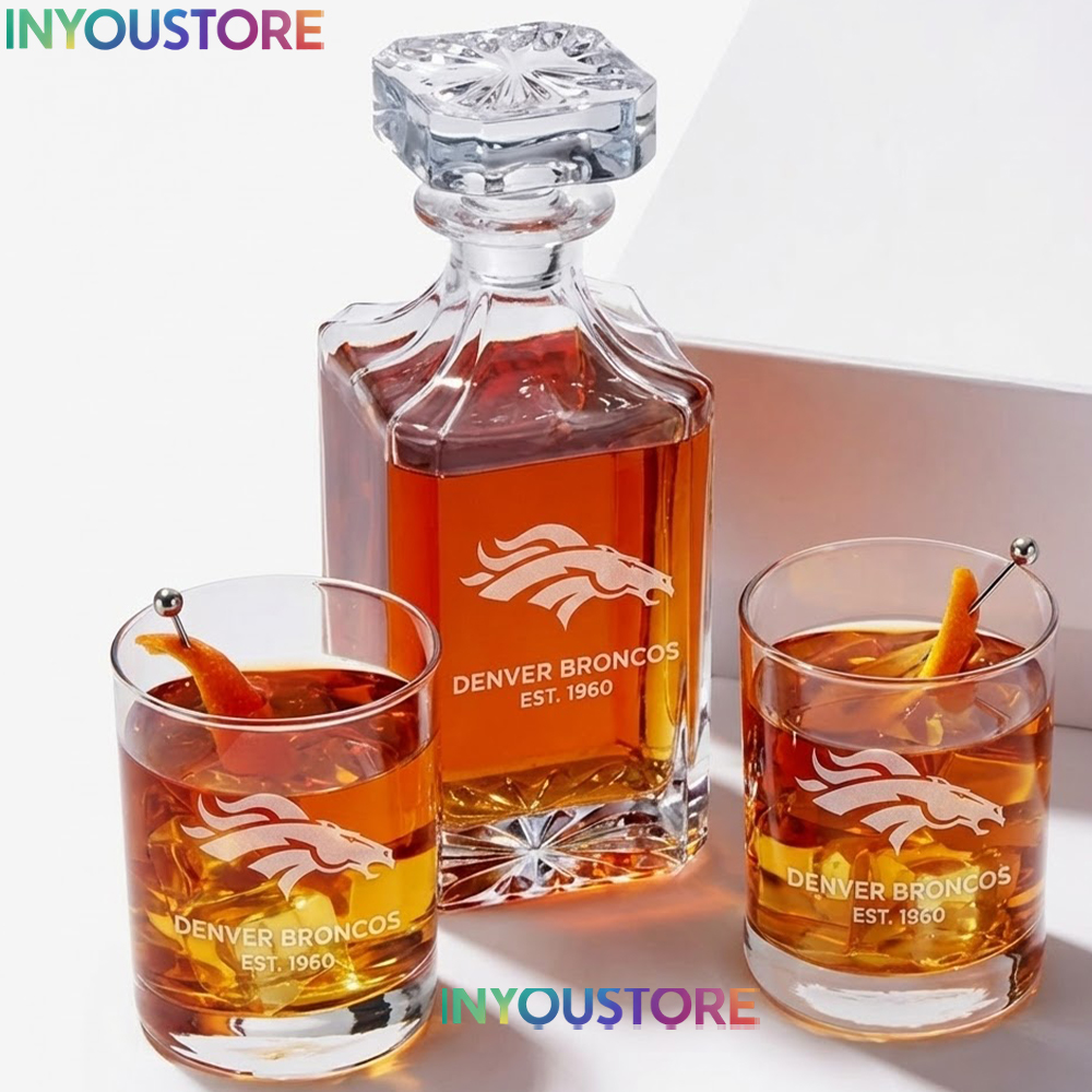 Denver Broncos Custom Decanter Set with 2 Whiskey Glasses Etched Glassware Kit Est. 1960 NFL Fan Gift - Image 4