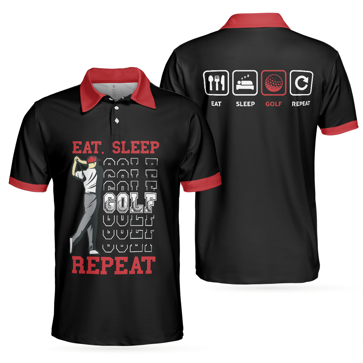 Eat Sleep Golf Repeat Polo Shirt, Short Sleeve Sporty Golfing Polo Shirt, Best Golf Shirt For Men
