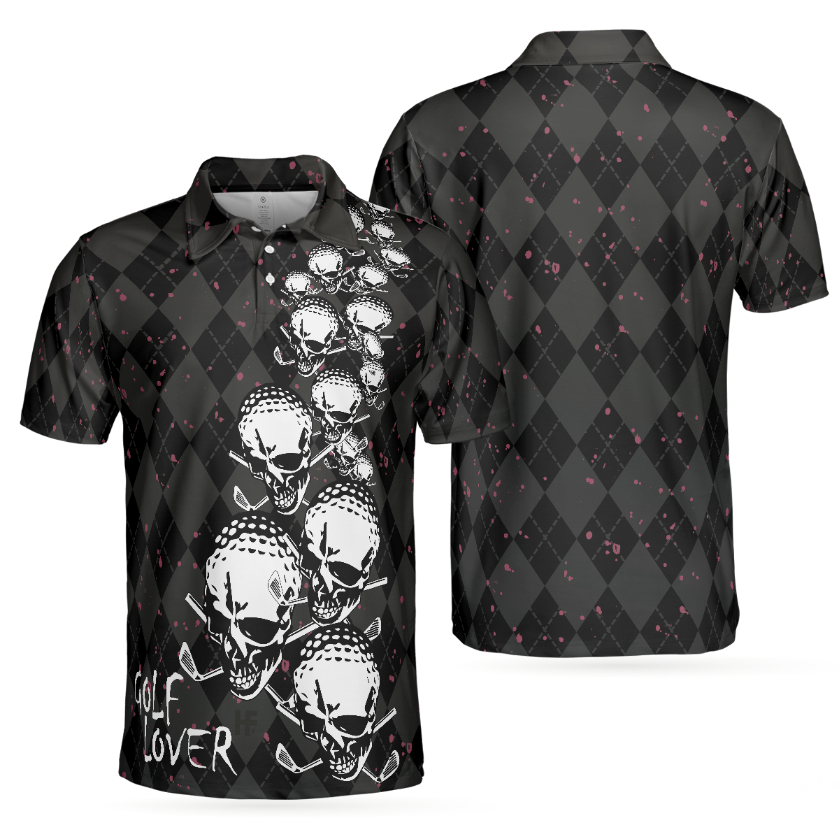 Elegant Argyle Pattern And Skull Golf Lover Polo Shirt, Black Skull Golf Shirt For Men