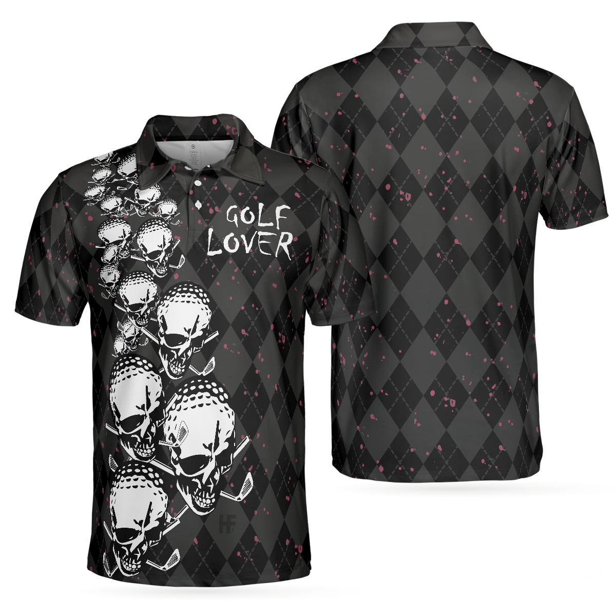 Elegant Argyle Pattern And Skull Golf Lover Polo Shirt V2, Black Skull Golf Shirt For Men