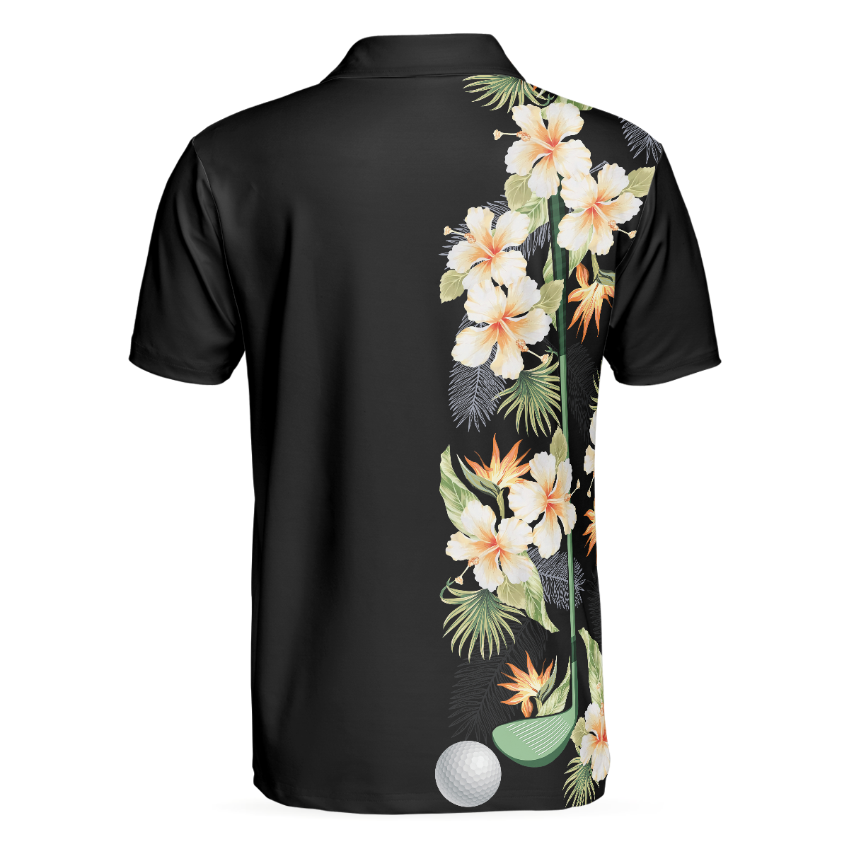 Alternative view of Floral Golf Club And Ball Polo Shirt, Wild Floral And Leaves Golfing Polo Shirt, Tropical Golf Shirt For Men