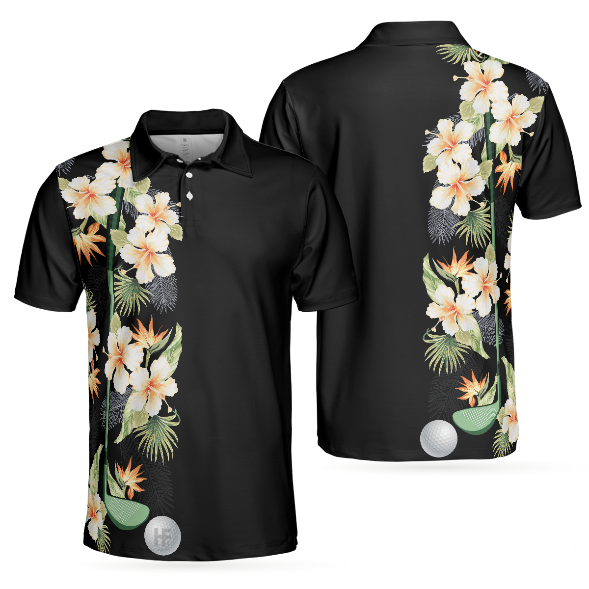 Floral Golf Club And Ball Polo Shirt, Wild Floral And Leaves Golfing Polo Shirt, Tropical Golf Shirt For Men