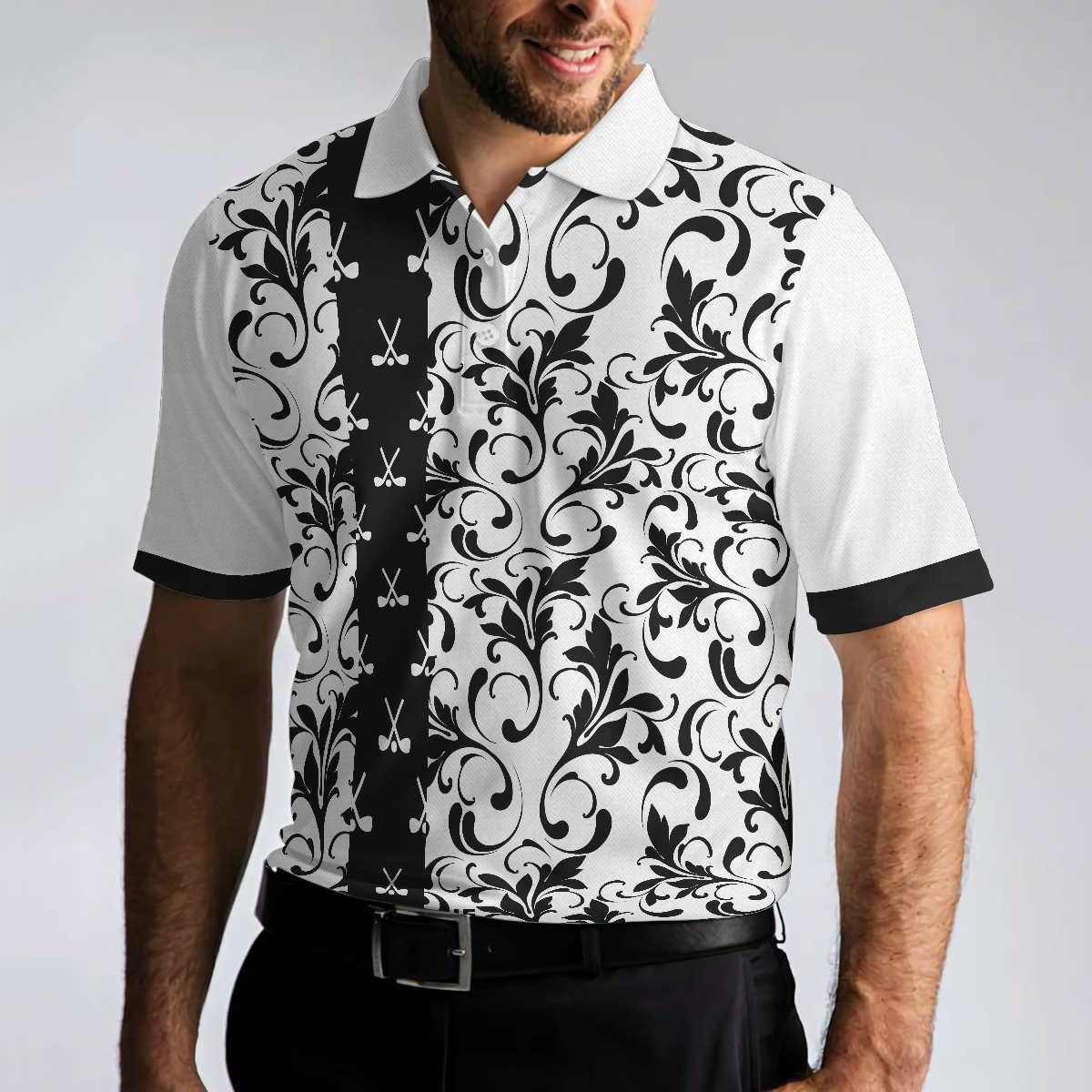 Alternative view of Floral Golf Pattern In White Polo Shirt, Black And White Polo Shirt, Floral Golf Shirt For Men