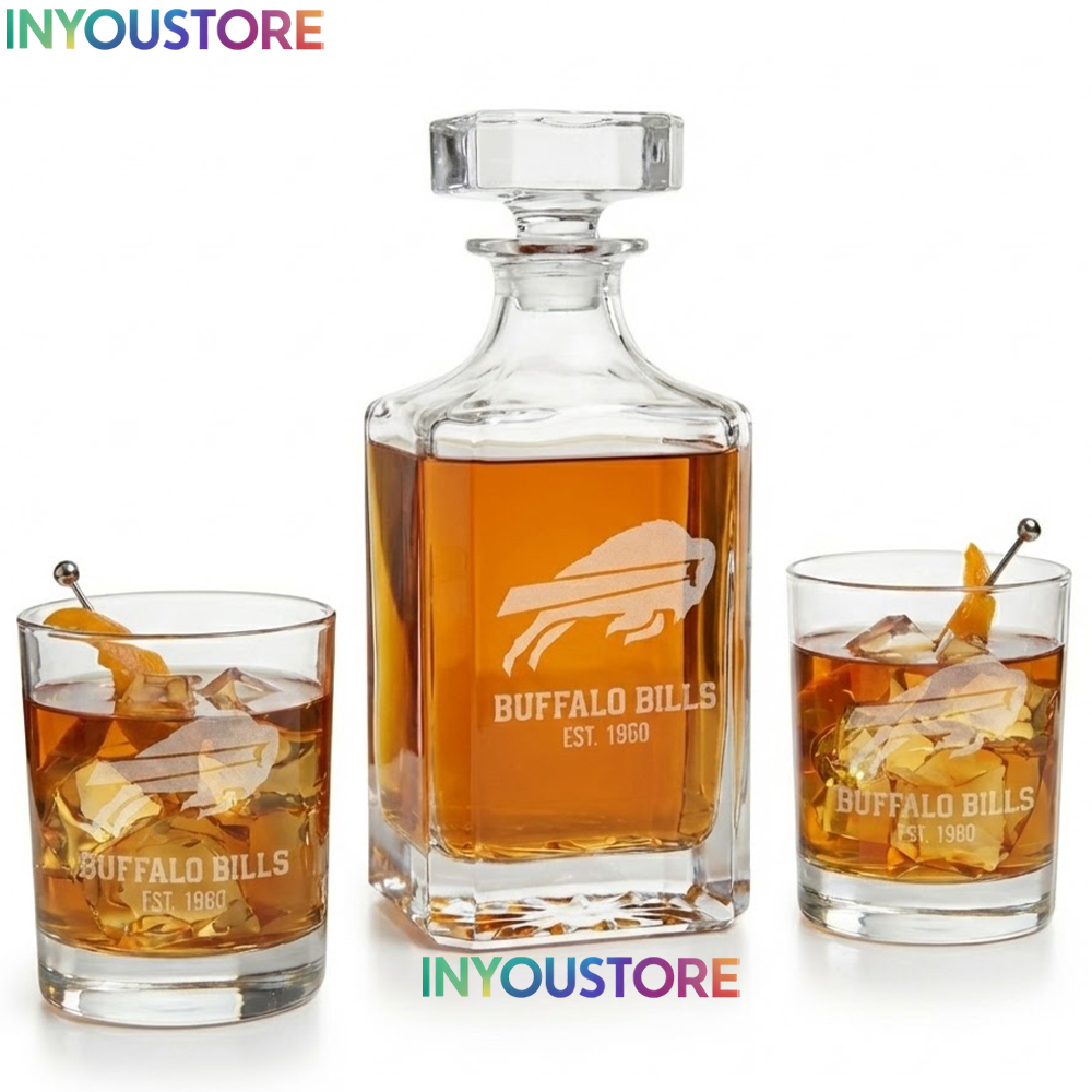 Buffalo Bills Custom Decanter Set with 2 Whiskey Glasses Etched Glassware Kit Est. 1960 NFL Fan Gift - Image 4