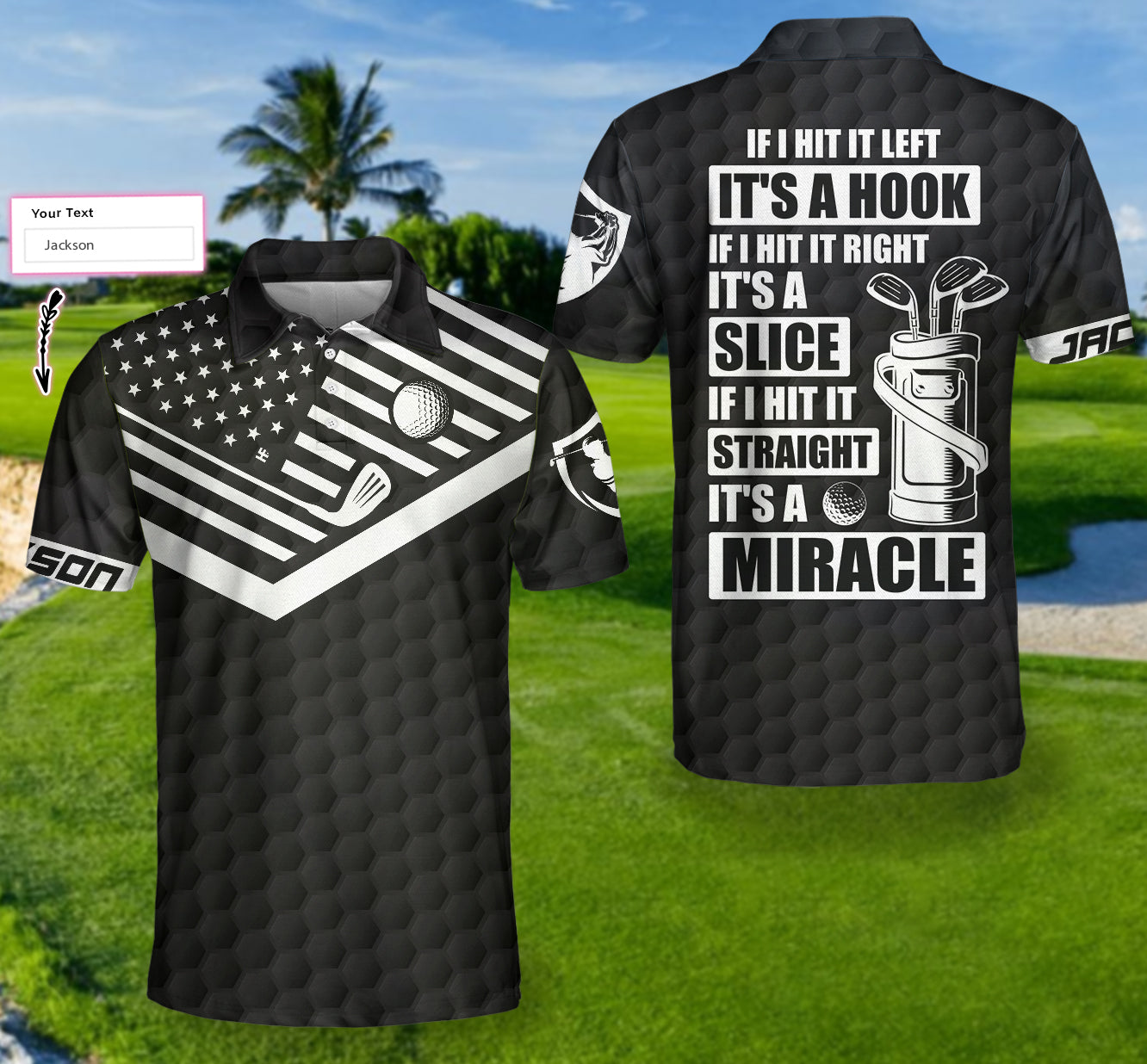 Funny Golfing Custom Polo Shirt, If It Hit Left Black American Flag Polo Shirt, Personalized Golf Shirt For Men