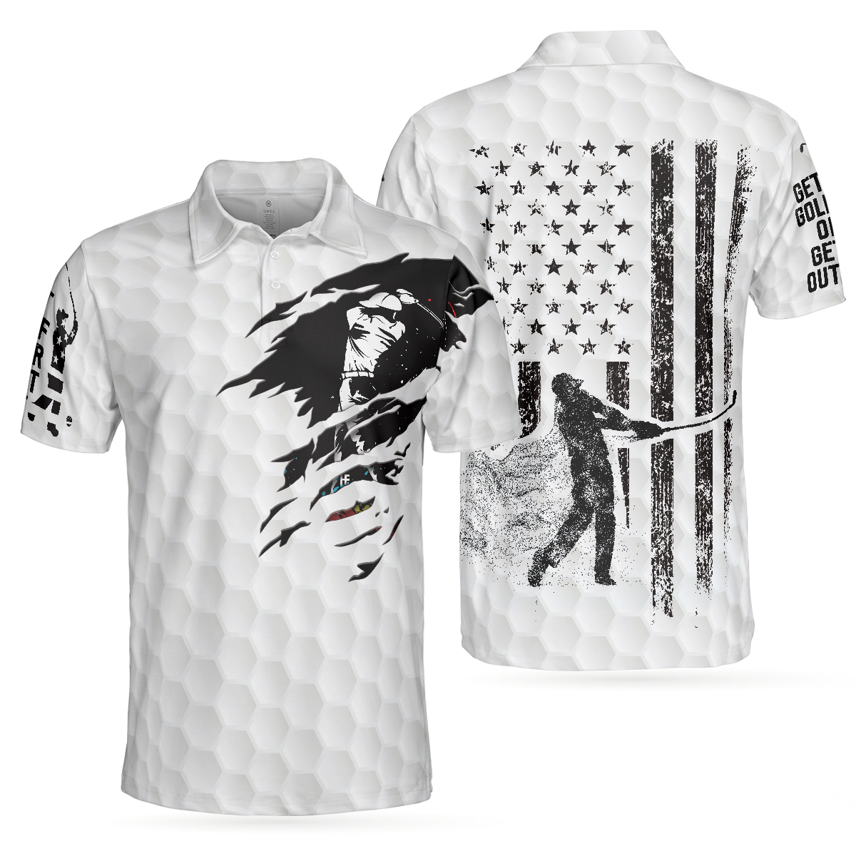 Get Golf Or Get Out, American Golfer Polo Shirt, German Black And White American Flag Golf Shirt For Men