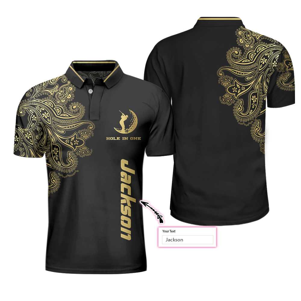Golden Hole In One Black Golf Custom Polo Shirt, Personalized Golden Floral Paisley Golf Shirt For Men