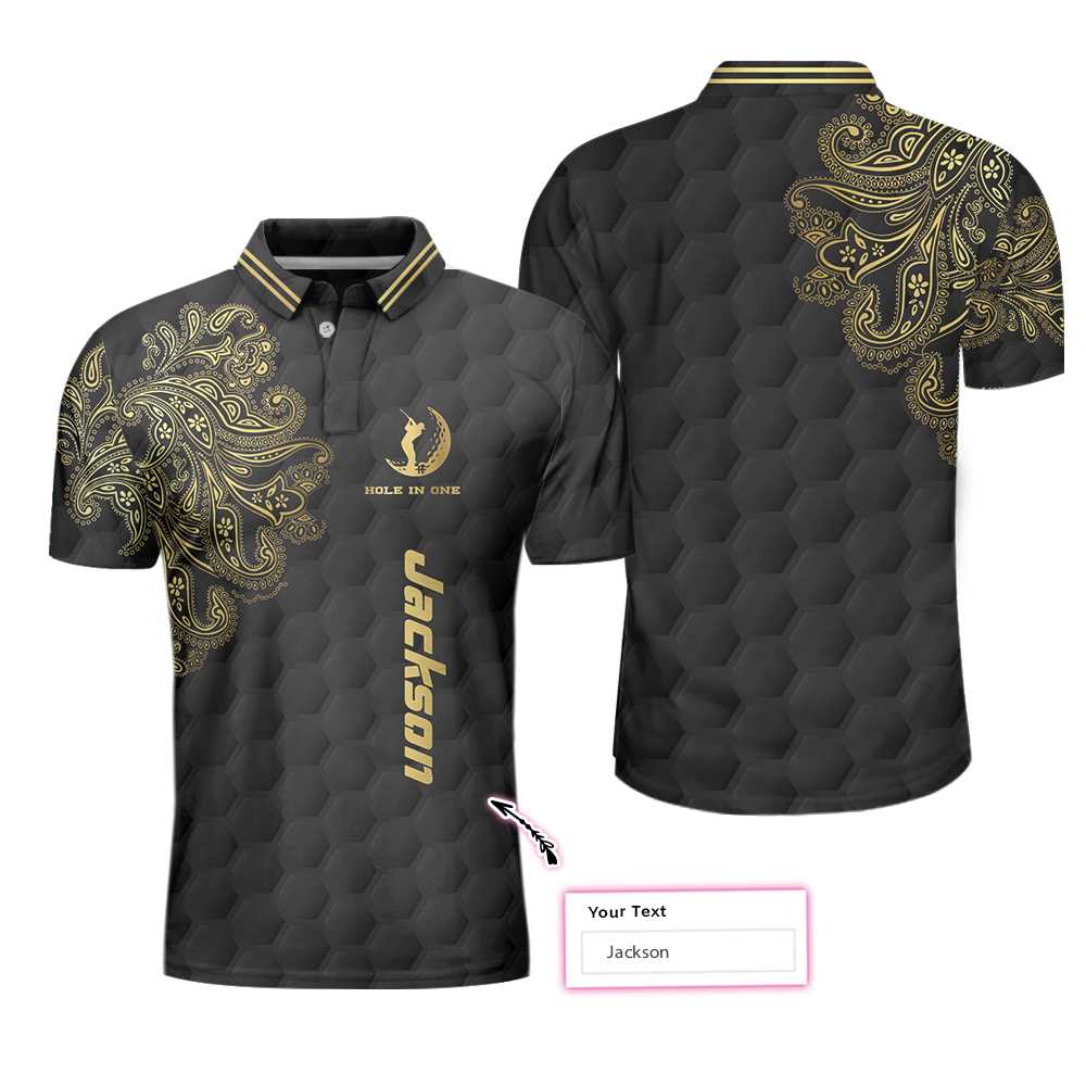 Golden Hole In One Black Golf Texture Custom Polo Shirt, Personalized Golden Floral Paisley Golf Shirt For Men