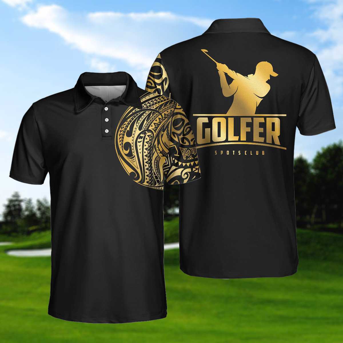 Golden Tattoo Golf Polo Shirt, Black And Golf Modern Greek Key Pattern Polo Shirt, Best Golf Shirt For Men
