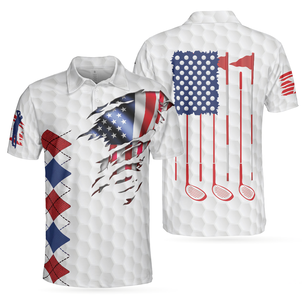Golf American Flag Argyle Polo Shirt, White Golf Texture American Flag Polo Shirt, Patriotic Golf Shirt For Men