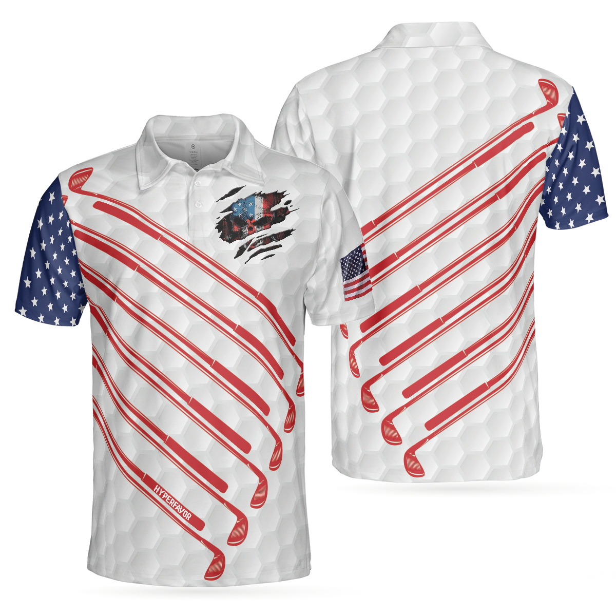 Golf American Flag Golf Club Skull Golf Polo Shirt, Ripped American Flag Polo Shirt, Patriotic Golf Shirt For Men