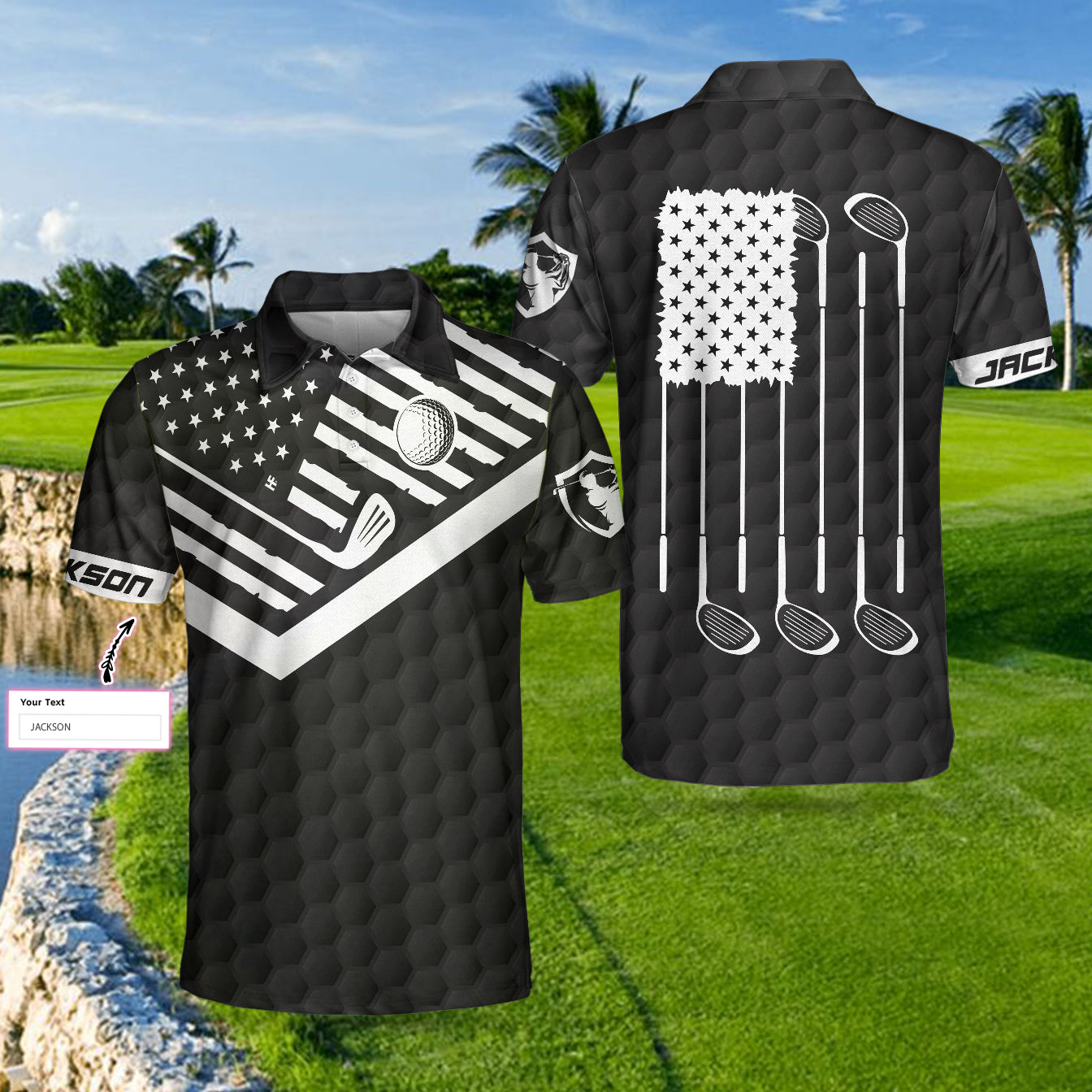 Golf American Flag New Custom Polo Shirt, Black Golf Pattern Personalized Polo Shirt, Patriotic Golf Shirt For Men