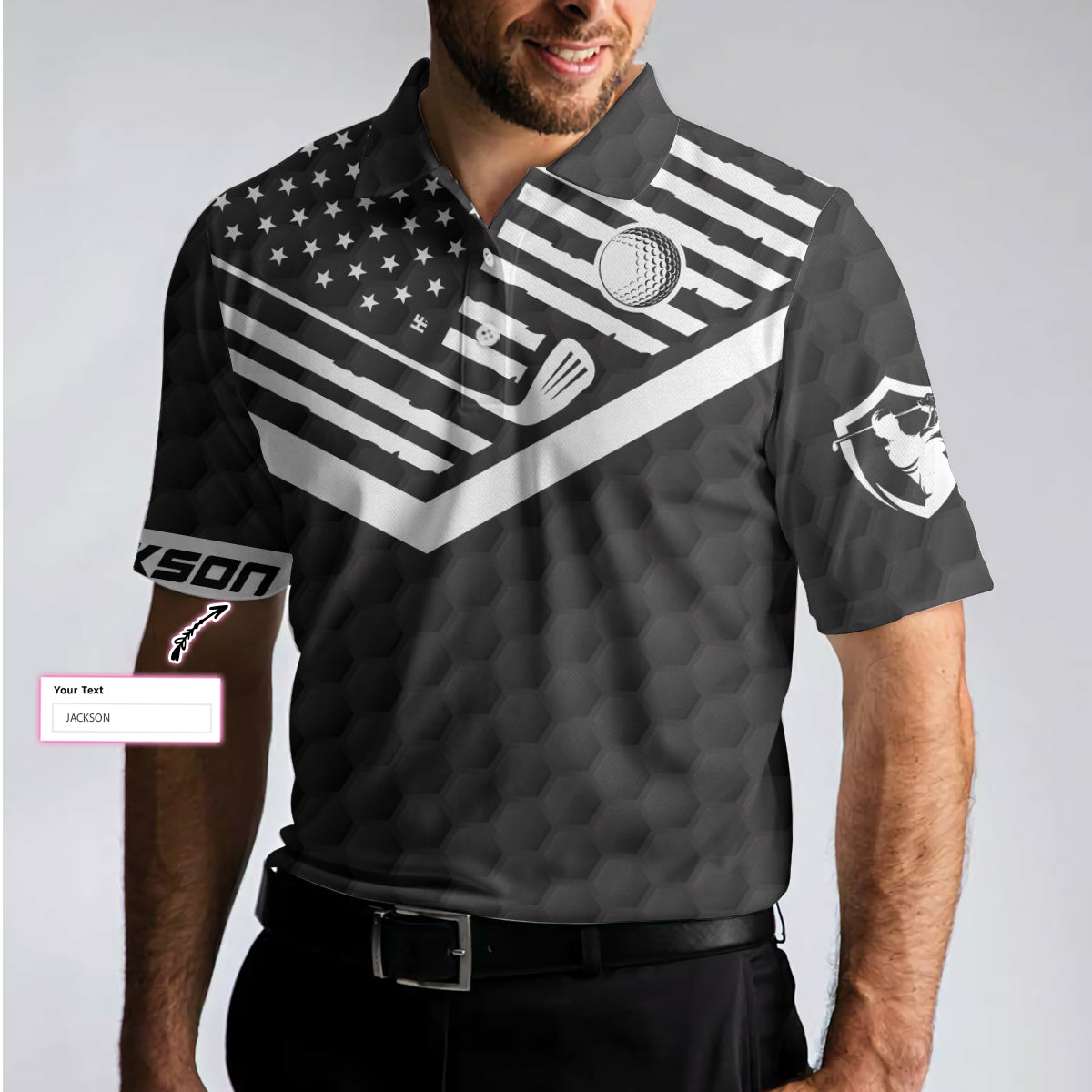 Alternative view of Golf American Flag New Custom Polo Shirt, Black Golf Pattern Personalized Polo Shirt, Patriotic Golf Shirt For Men