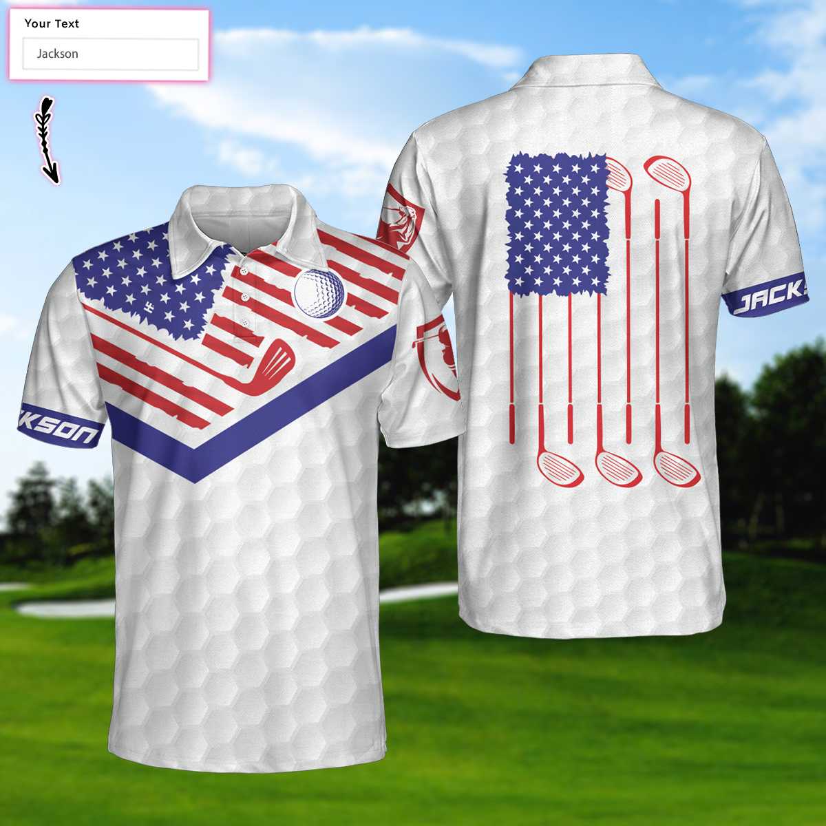 Golf American Flag New Custom Polo Shirt, White Golf Pattern Personalized Polo Shirt, Patriotic Golf Shirt For Men