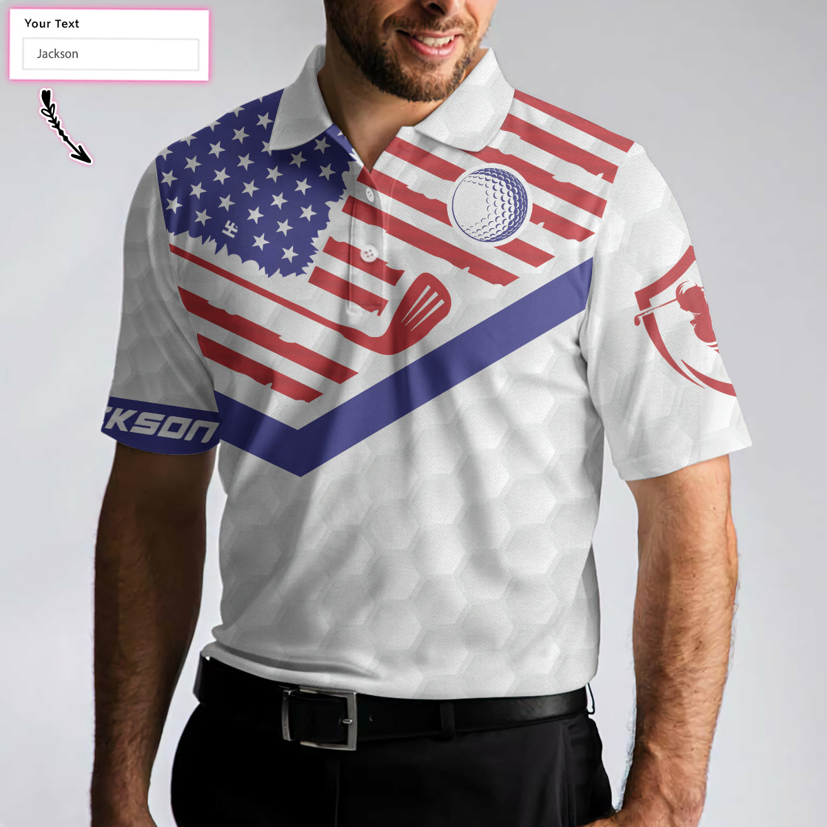 Alternative view of Golf American Flag New Custom Polo Shirt, White Golf Pattern Personalized Polo Shirt, Patriotic Golf Shirt For Men
